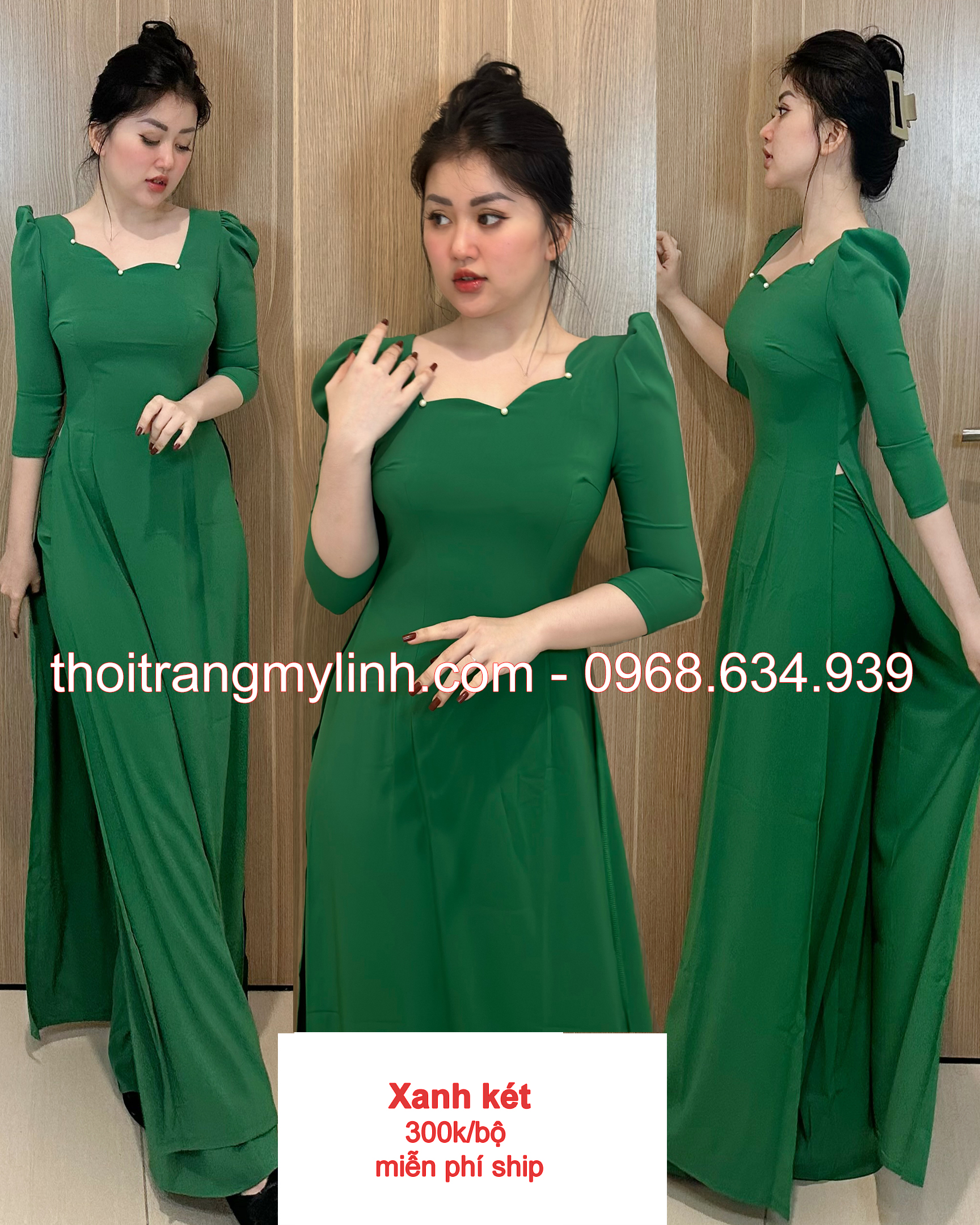 Bộ áo dài cổ gợn sóng tay lỡ màu xanh két